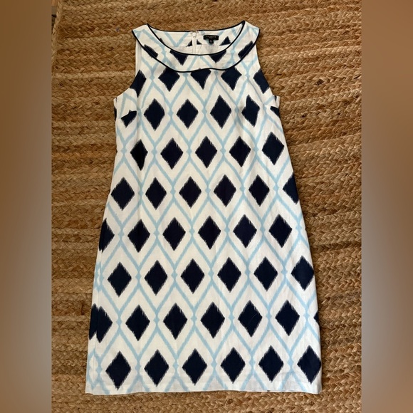Talbots 8 Petite Blue & White Geometric Print Shift Dress Linen & Cotton Blend - Picture 1 of 6